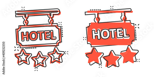 Hotel 3 stars sign icon in comic style. Inn cartoon vector illustration on white isolated background. Hostel room information splash effect business concept.