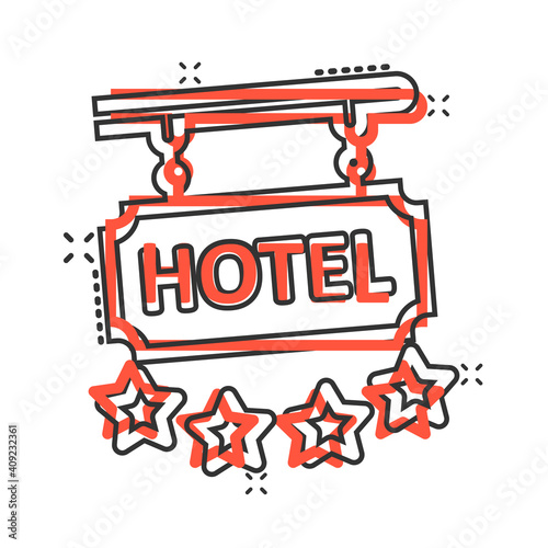 Hotel 4 stars sign icon in comic style. Inn cartoon vector illustration on white isolated background. Hostel room information splash effect business concept.
