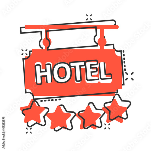 Hotel 4 stars sign icon in comic style. Inn cartoon vector illustration on white isolated background. Hostel room information splash effect business concept.