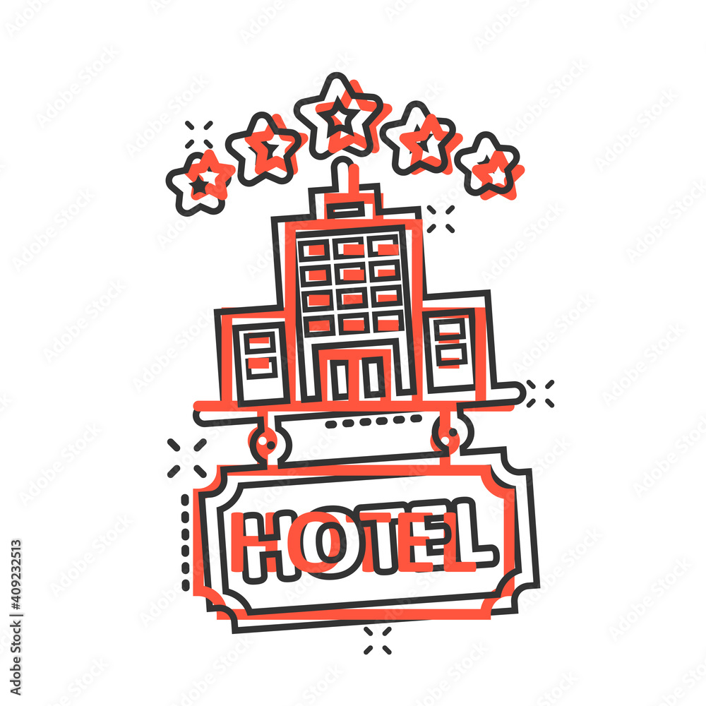Hotel 5 stars sign icon in comic style. Inn building cartoon vector illustration on white isolated background. Hostel room splash effect business concept.
