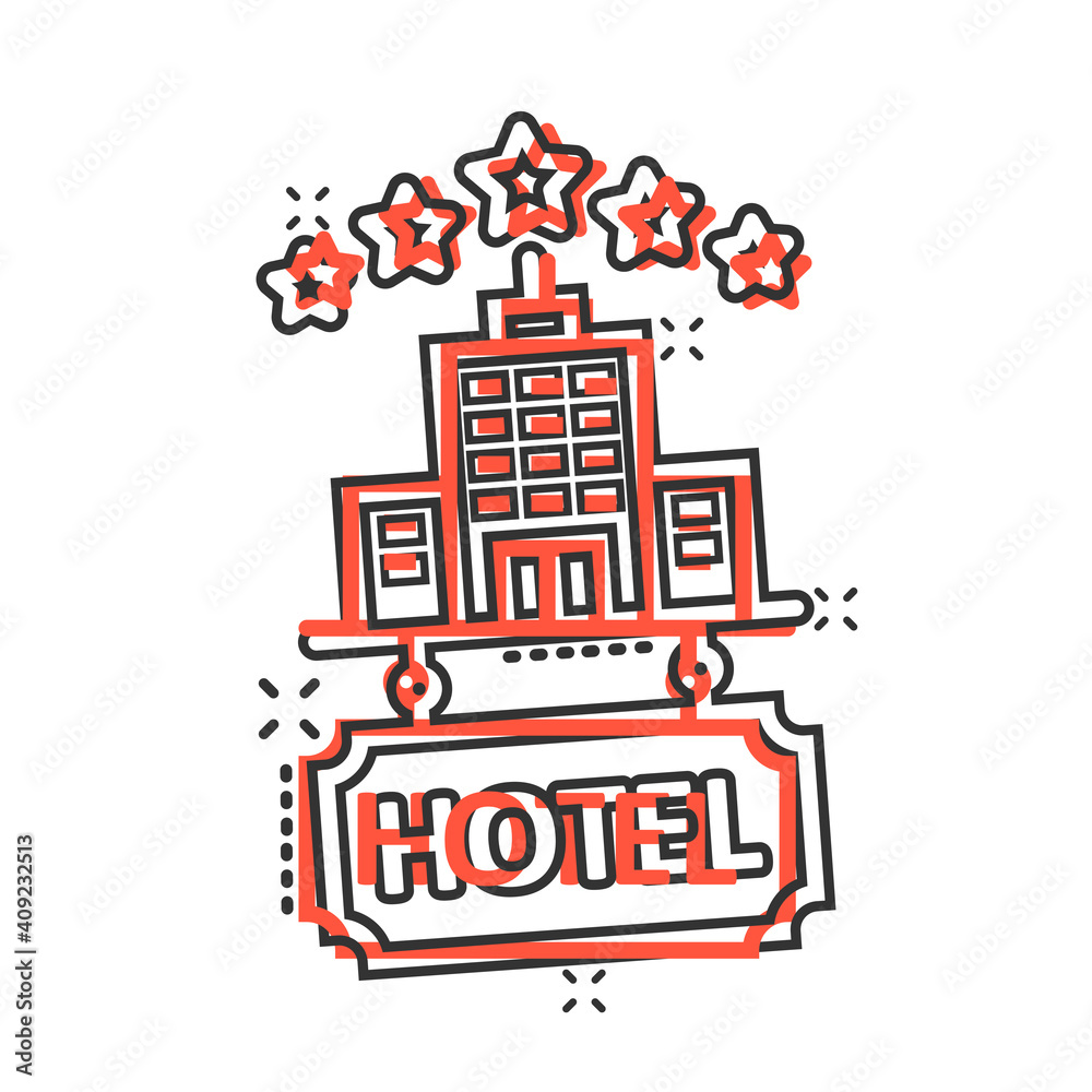 Fototapeta premium Hotel 5 stars sign icon in comic style. Inn building cartoon vector illustration on white isolated background. Hostel room splash effect business concept.