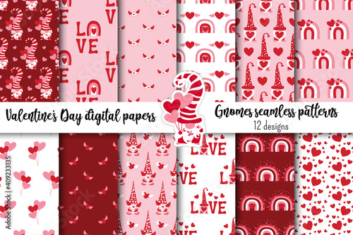 Valentinines day seamless pattern collection with cute Gnomes, rainbows, hearts, Love words