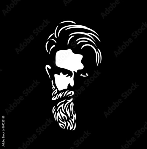 Vector black and white of hipster man logo. Silhouette of hipster guy in profile for barber shop. Elements for logo and tattoo in hipster style