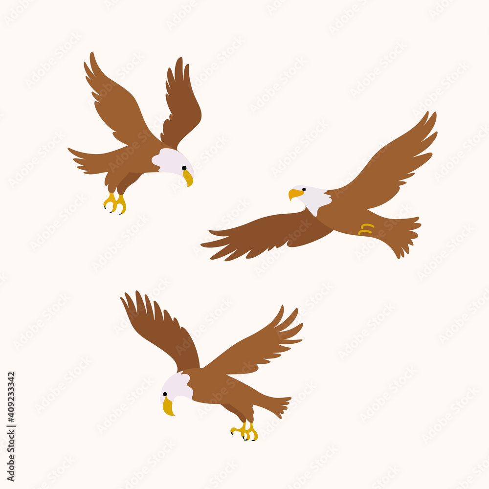 Obraz premium Cartoon eagle icon set. Cute bird in different poses. Vector illustration for prints, clothing, packaging, stickers.