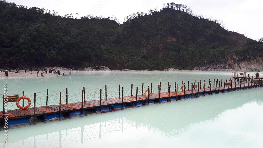 Jetty in the middle of lake from crater Kawah Putih, West Java ...