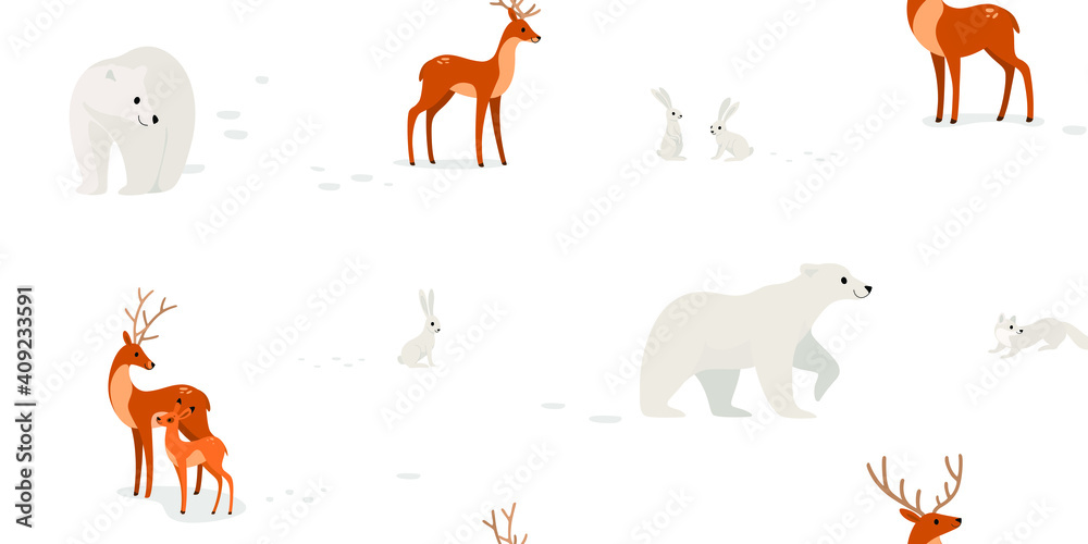 Seamless trendy animal pattern with hare, bear, deer and fawn. Cartoon vector illustration. Seamless trendy animal pattern with hare, bear, deer and fawn. Cartoon vector illustration.
