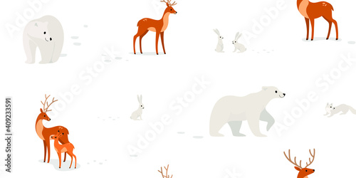 Seamless trendy animal pattern with hare, bear, deer and fawn. Cartoon vector illustration.