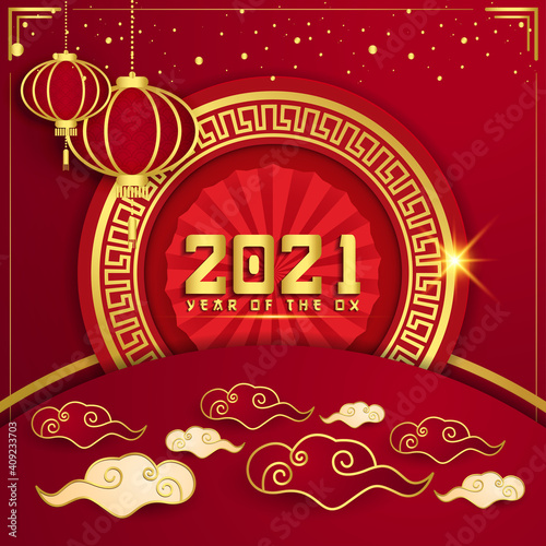 Chinese new year 2021 year of the ox  red and gold background flower  lantern and asian elements.  Chinese translation   Happy chinese new year 2021  year of ox 