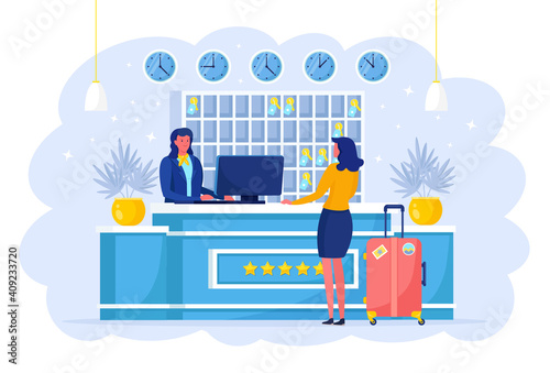 Woman with suitcases is standing at reception desk. Check into hotel. Receptionist welcomes the guest. Hostel interior with administrator. Tourist with luggage in lobby.