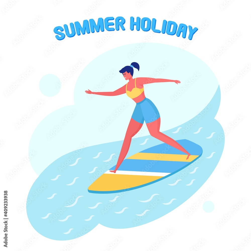 Woman in swimwear surfing in sea, ocean. Happy girl in beachwear with surfboard isolated on white background. Funny surfer. Summer holiday, vacation, extreme sport.