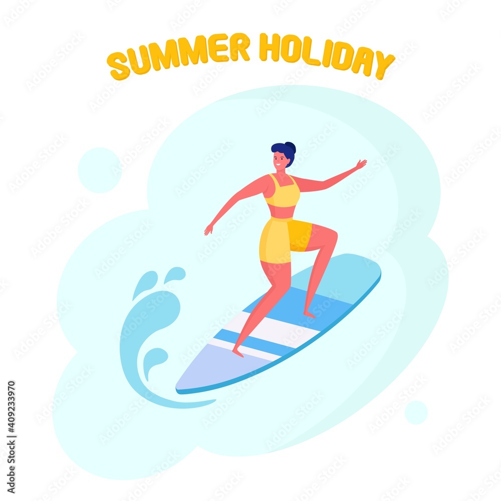 Woman in swimwear surfing in sea, ocean. Happy girl in beachwear with surfboard isolated on white background. Funny surfer. Summer holiday, vacation, extreme sport.