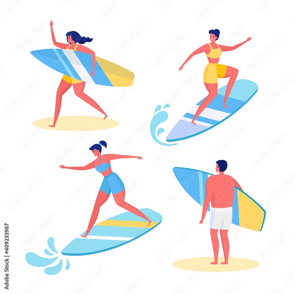 Set of funny surfer in swimsuit surfing in sea, ocean. Happy people in beachwear with surfboard isolated on white background. Vector cartoon design