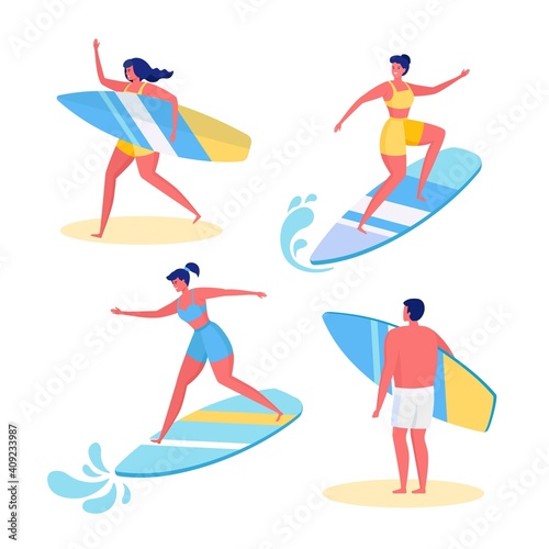 Set of funny surfer in swimsuit surfing in sea, ocean. Happy people in beachwear with surfboard isolated on white background. Vector cartoon design