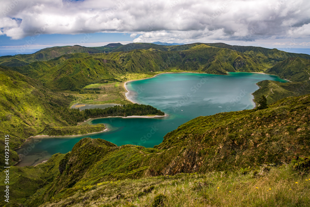 The breathtaking view of the crater lake Lagoa do Fogo on the Portuguese island of Sao Miguel