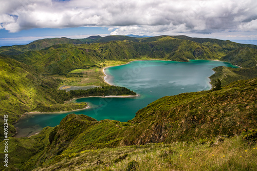 The breathtaking view of the crater lake Lagoa do Fogo on the Portuguese island of Sao Miguel
