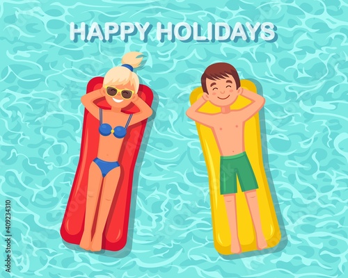 Smile woman, man swims, tanning on air mattress in swimming pool. People floating on toy. Inflatable circle. Summer holiday, vacation. Vector illustration