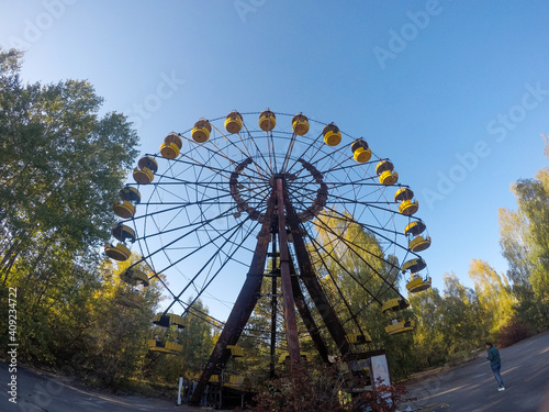 Moments footage of the apocalypse disaster after the explosion of the Chernobyl nuclear power plant the ruined city of Pripyat launched Ferris wheel in an amusement park after the Chernobyl disaster, 