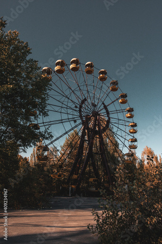 Moments footage of the apocalypse disaster after the explosion of the Chernobyl nuclear power plant the ruined city of Pripyat launched Ferris wheel in an amusement park after the Chernobyl disaster, 