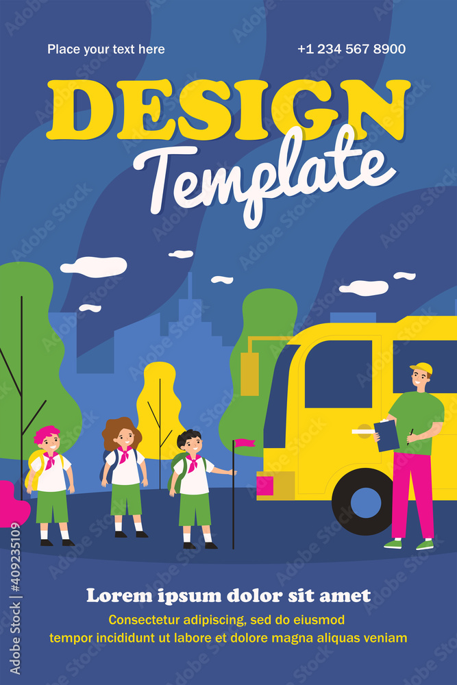 Kids gathering at bus to scouts camp. School children in uniform with teacher flat vector illustration. School activity, travel concept for banner, website design or landing web page