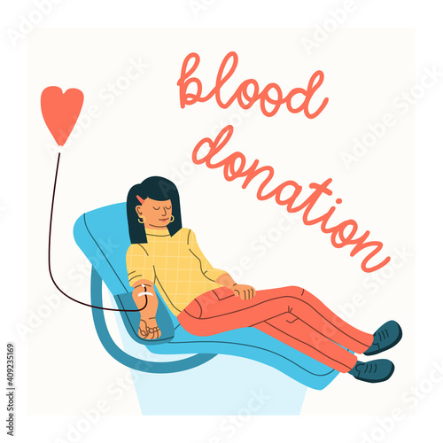 Vector illustration of a woman voluntarily donates blood. Blood donation concept. Flat trending character.