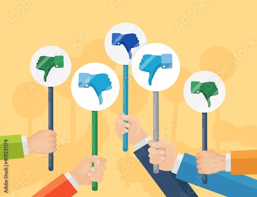 Group of business people with thumbs down placard. Bad opinion, dislike. Testimonials, feedback. Vector illustration