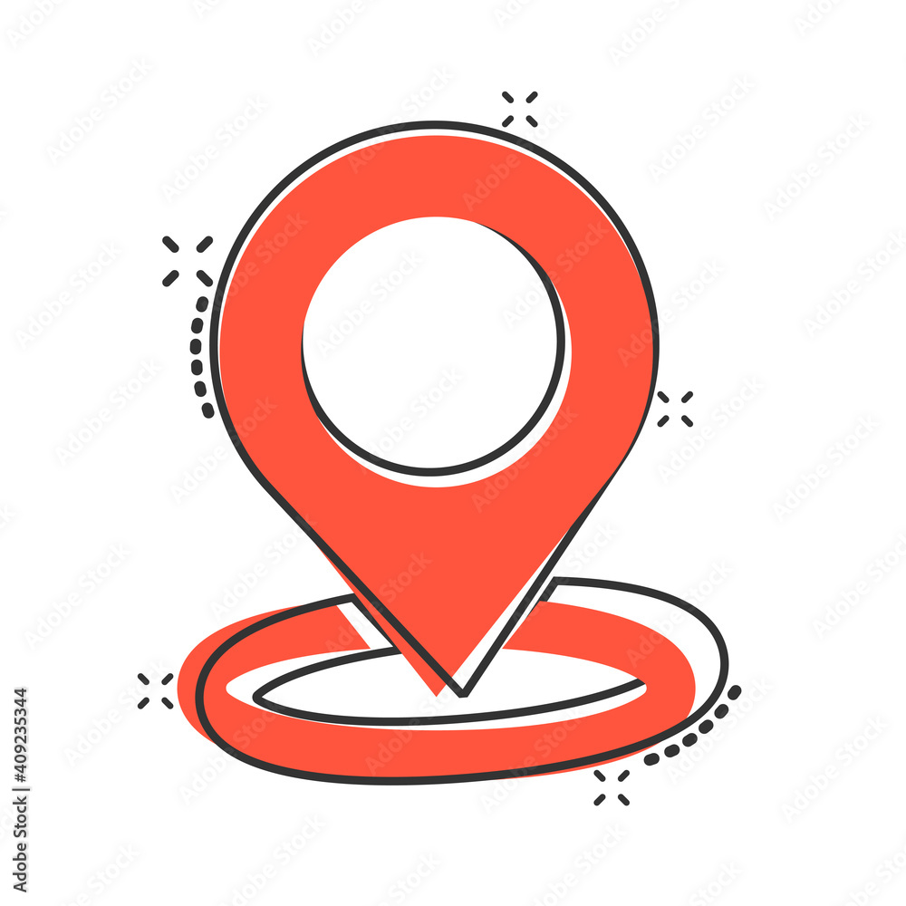Map pin icon in comic style. Gps navigation cartoon vector illustration on white isolated background. Locate position splash effect business concept. Map pin icon in comic style. Gps navigation cartoon vector illustration on white isolated background. Locate position splash effect business concept.