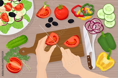 Man cuts tomatoes on cutting board. Greek salad with olives, onions, bell peppers, feta, cucumber. Vector illustration