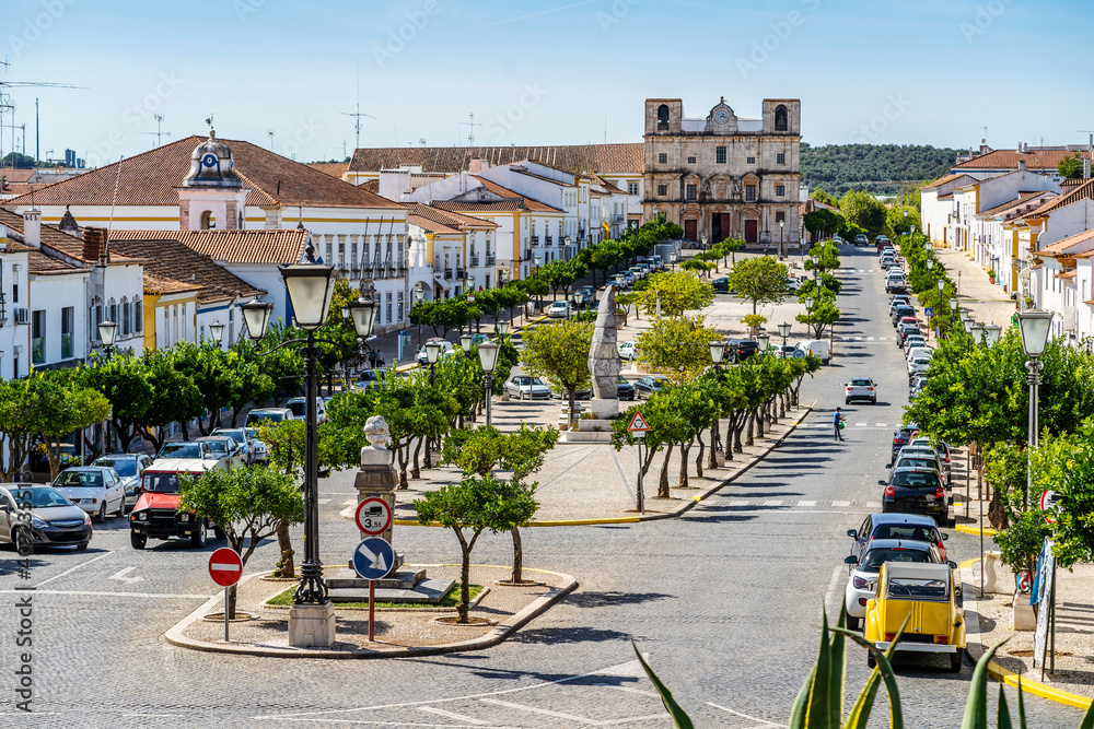 Main square in city center of historic Vila Vicosa, Alentejo, Portugal