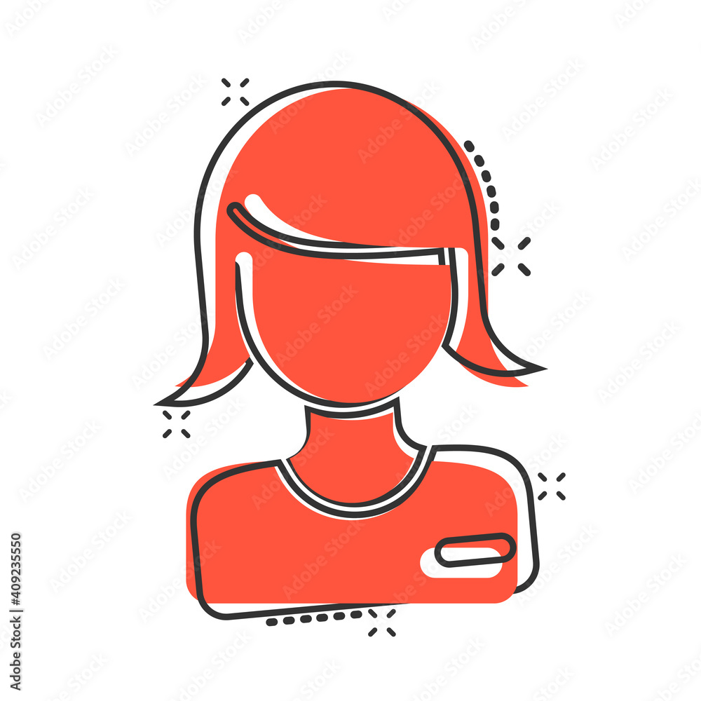 Woman face icon in comic style. People cartoon vector illustration on white background. Partnership splash effect business concept.