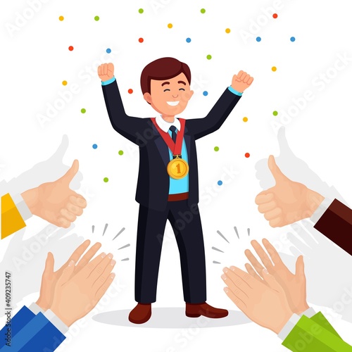 Applause, ovation, claps to winner. Business man with a gold medal waving his hands to audience. Vector illustration