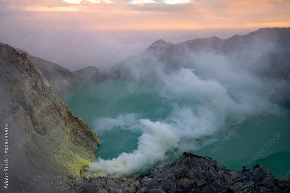 Kawa Ijen Volcano and lake in sunrise View at Indonesia.
