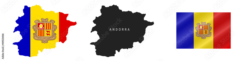 Andorra. Map with masked flag. Detailed silhouette. Waving flag. Vector illustration isolated on white.