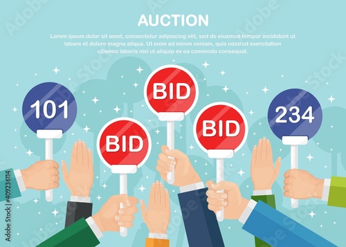 Businessman hold auction paddle in hand. Bidding concept. People rise signs with BID inscriptions. Vector illustration