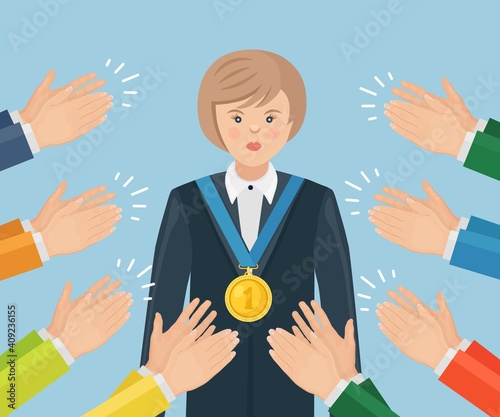 Applause, ovation, claps to winner. Woman with a gold medal waving her hands to audience. Vector illustration