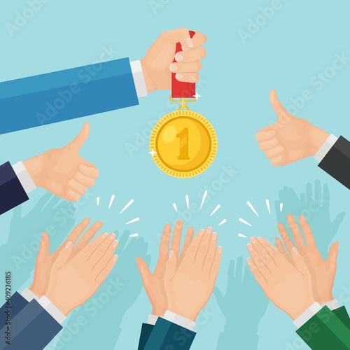Clap of the hands. Businessman clapping to winner. Man holds gold medal. Applause, cheer, ovation. Vector illustration