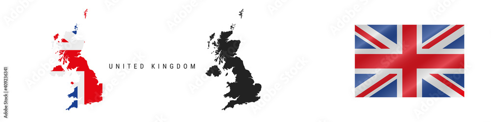 United Kingdom. Map with masked flag. Detailed silhouette. Waving flag. Vector illustration isolated on white.