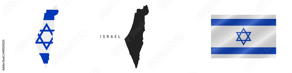 Israel. Map with masked flag. Detailed silhouette. Waving flag. Vector illustration isolated on white. Israel. Map with masked flag. Detailed silhouette. Waving flag. Vector illustration isolated on white.