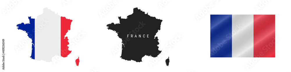 France. Map with masked flag. Detailed silhouette. Waving flag. Vector illustration isolated on white. France. Map with masked flag. Detailed silhouette. Waving flag. Vector illustration isolated on white.