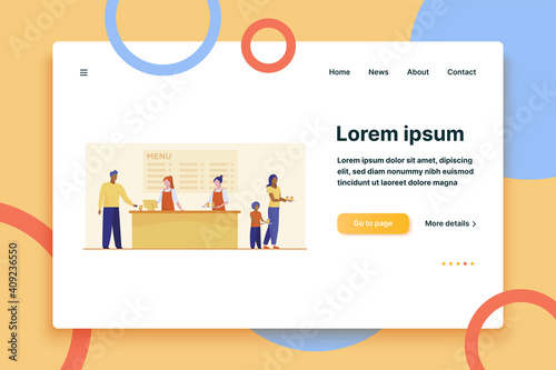 Fast food restaurant counter. Checkout, cashiers, menu, customers with trays flat vector illustration. Cafe, diner, eating concept for banner, website design or landing web page