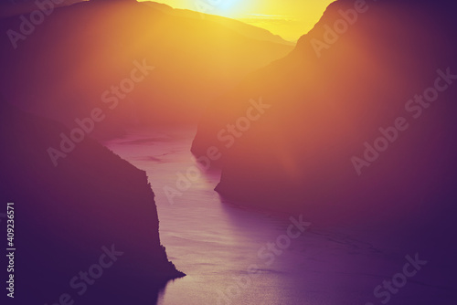 Fjord landscape at sunset, Norway photo