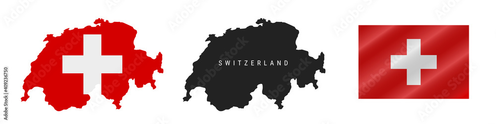 Switzerland. Map with masked flag. Detailed silhouette. Waving flag. Vector illustration isolated on white. Switzerland. Map with masked flag. Detailed silhouette. Waving flag. Vector illustration isolated on white.