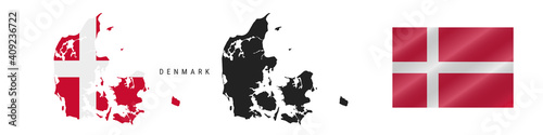 Denmark. Map with masked flag. Detailed silhouette. Waving flag. Vector illustration isolated on white.