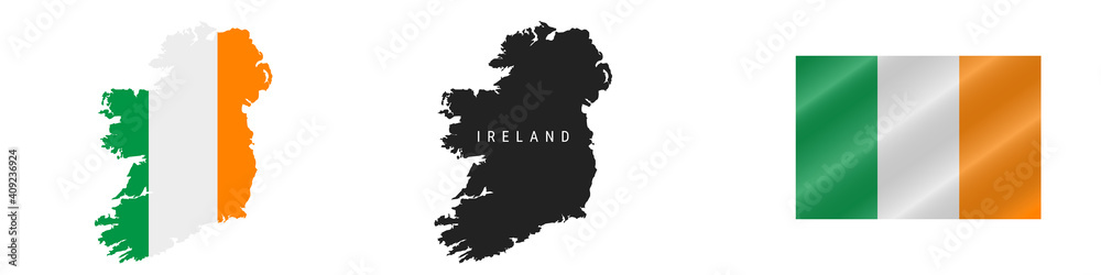 Ireland. Map with masked flag. Detailed silhouette. Waving flag. Vector illustration isolated on white.