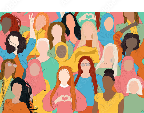 Female diverse faces of different ethnicity. Women empowerment movement pattern. International women's day graphic in vector in blue, yellow and green colors.