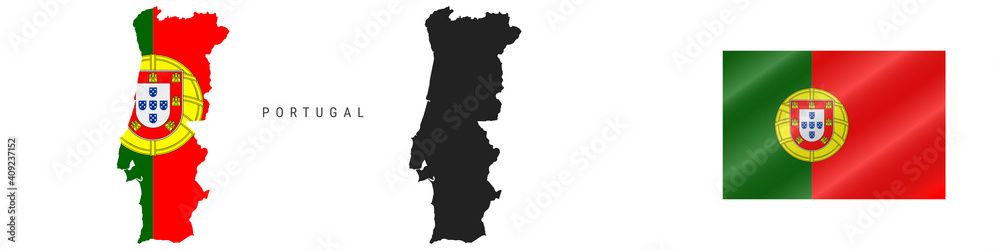 Portugal. Map with masked flag. Detailed silhouette. Waving flag. Vector illustration isolated on white. Portugal. Map with masked flag. Detailed silhouette. Waving flag. Vector illustration isolated on white.