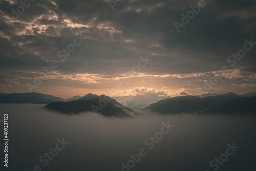 Pyrenees mountain ridge in the clouds