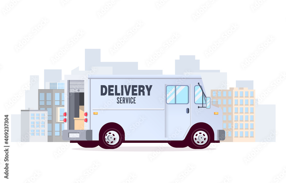 White delivery van on city background with boxes inside.Delivery Truck