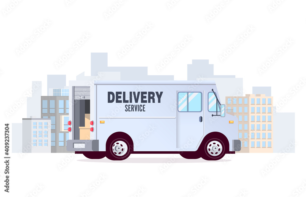 White delivery van on city background with boxes inside.Delivery Truck White delivery van on city background with boxes inside.Delivery Truck
