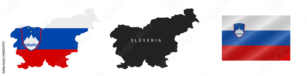 Slovenia. Map with masked flag. Detailed silhouette. Waving flag. Vector illustration isolated on white.
