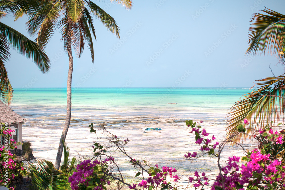 Beautiful paradise landscape of Zanzibar island. Tropical climate, beach with turquoise ocean, cocos palms, flowers, and wooden boat.